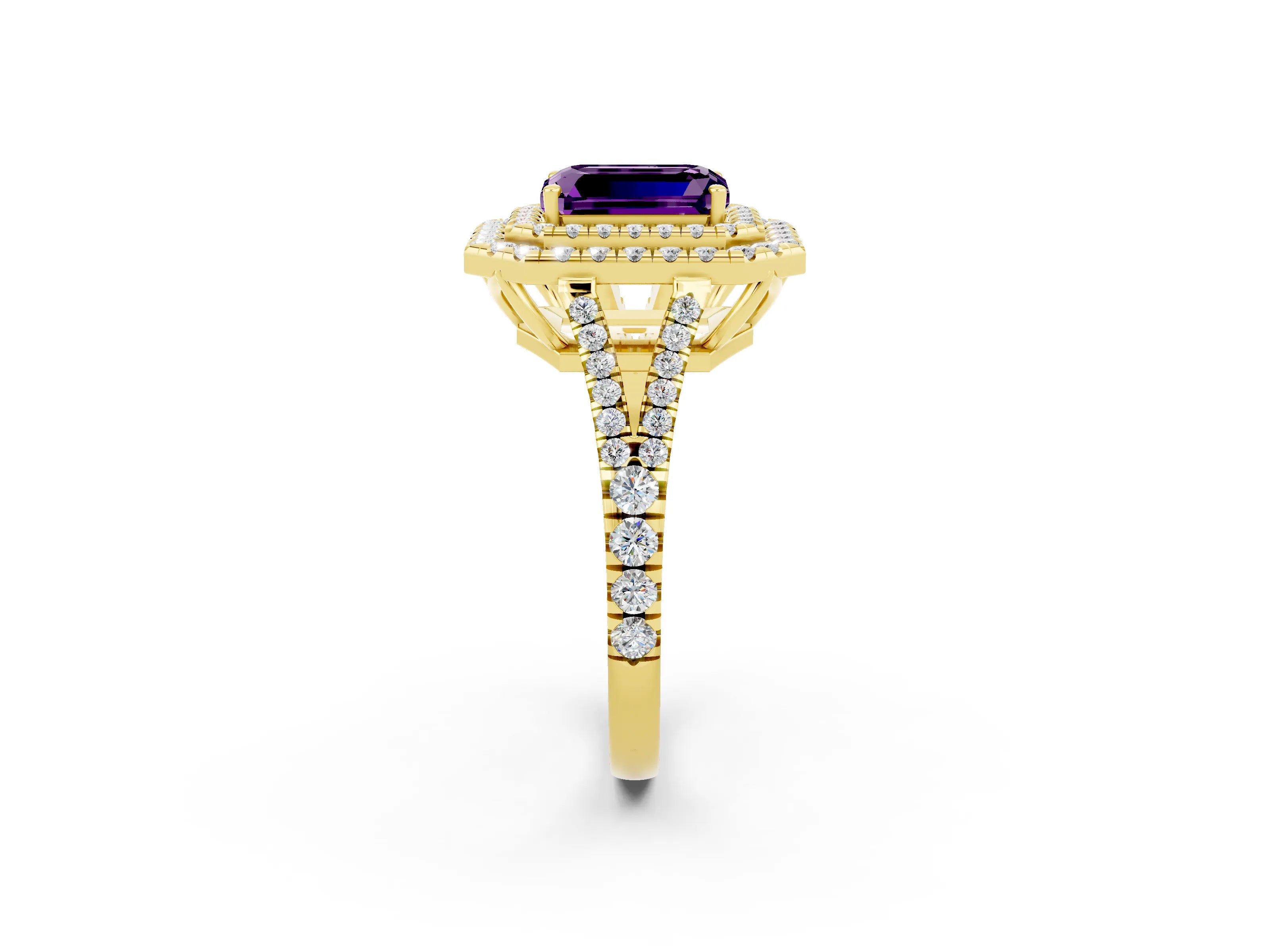 Yellow gold Emerald Cut Amethyst Double Halo Ring with Pavé Band and Prong Setting_14