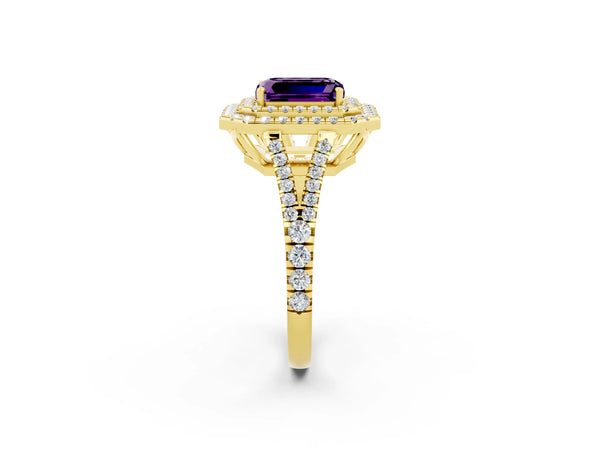 Yellow gold Emerald Cut Amethyst Double Halo Ring with Pavé Band and Prong Setting