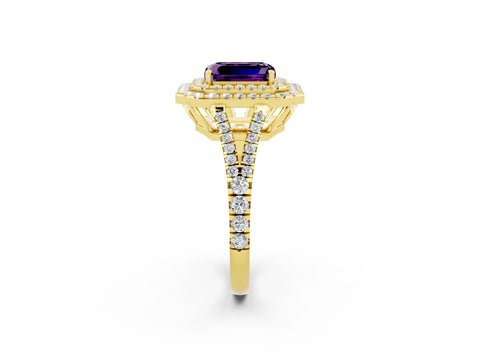 Yellow gold Emerald Cut Amethyst Double Halo Ring with Pavé Band and Prong Setting_14