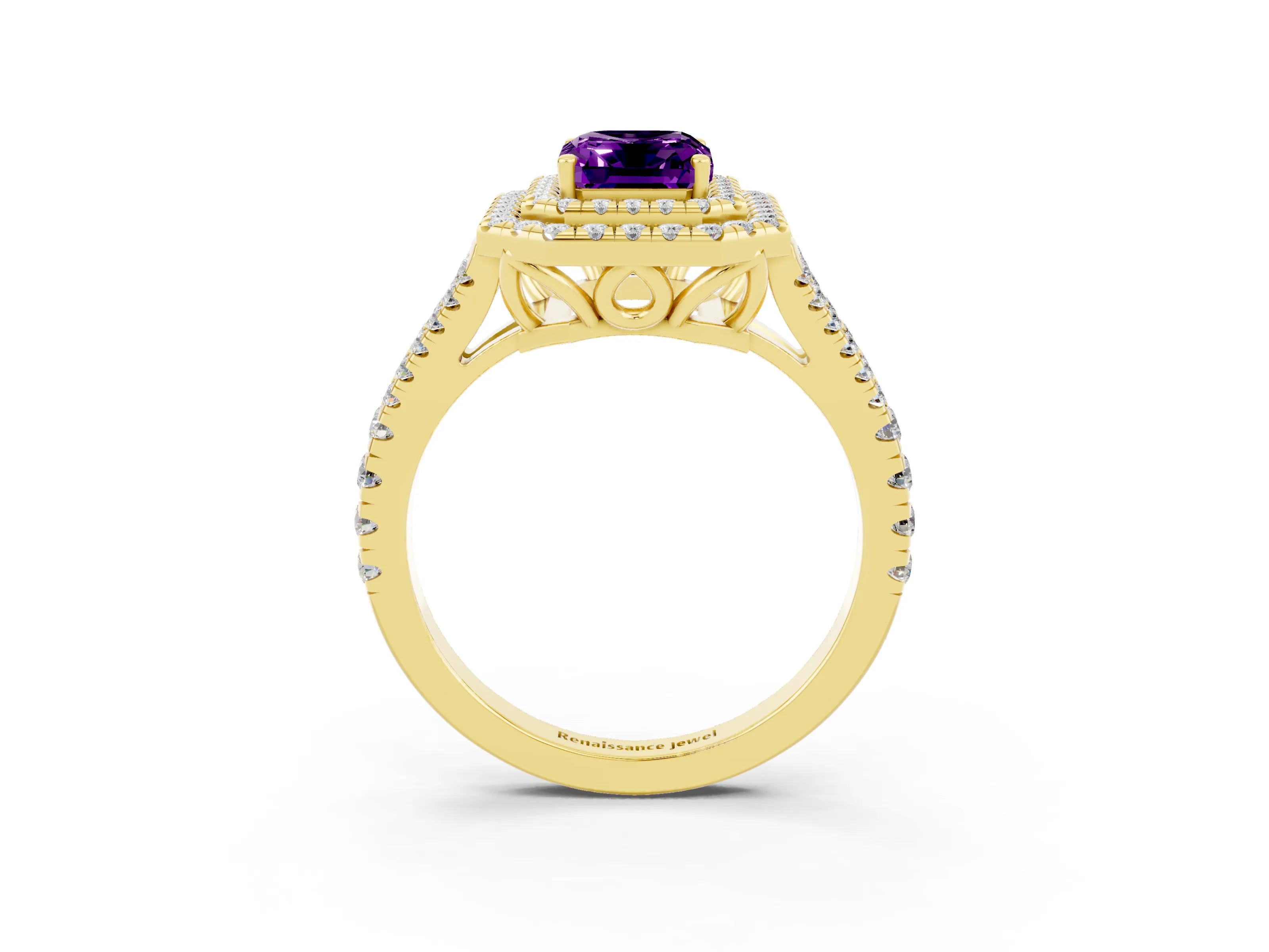 Yellow gold Emerald Cut Amethyst Double Halo Ring with Pavé Band and Prong Setting_15
