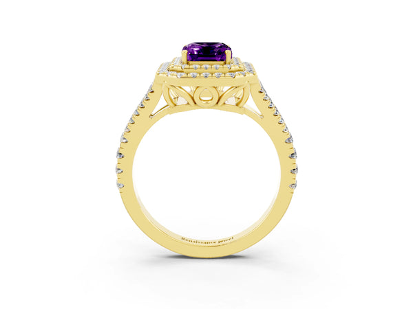 Yellow gold Emerald Cut Amethyst Double Halo Ring with Pavé Band and Prong Setting