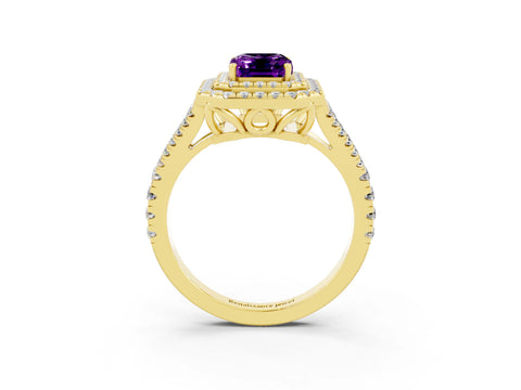 Yellow gold Emerald Cut Amethyst Double Halo Ring with Pavé Band and Prong Setting_15