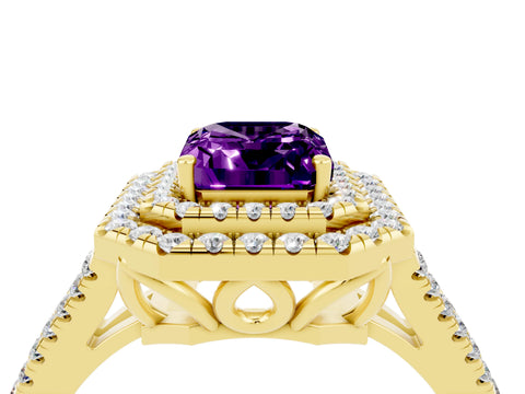 Yellow gold Emerald Cut Amethyst Double Halo Ring with Pavé Band and Prong Setting_16