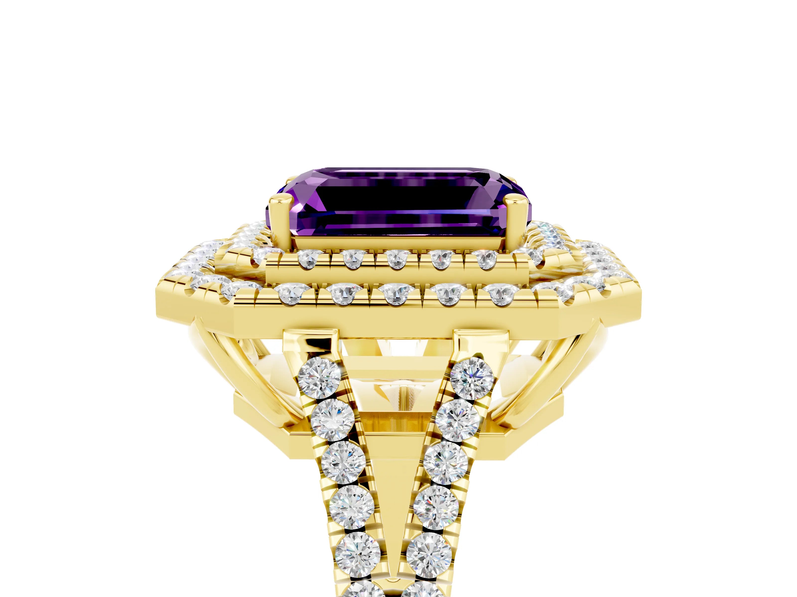 Yellow gold Emerald Cut Amethyst Double Halo Ring with Pavé Band and Prong Setting_17