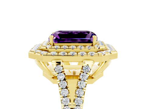 Yellow gold Emerald Cut Amethyst Double Halo Ring with Pavé Band and Prong Setting_17