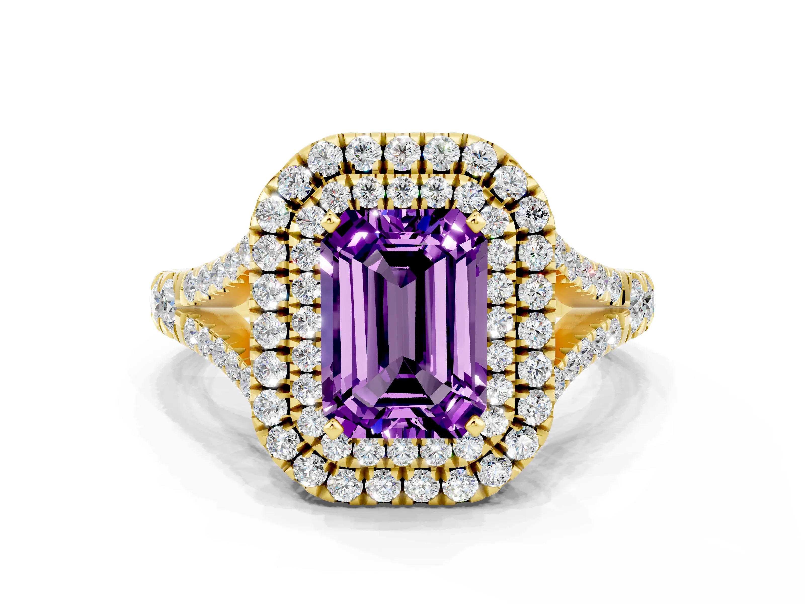 Yellow gold Emerald Cut Amethyst Double Halo Ring with Split Shank and Prong Setting_12