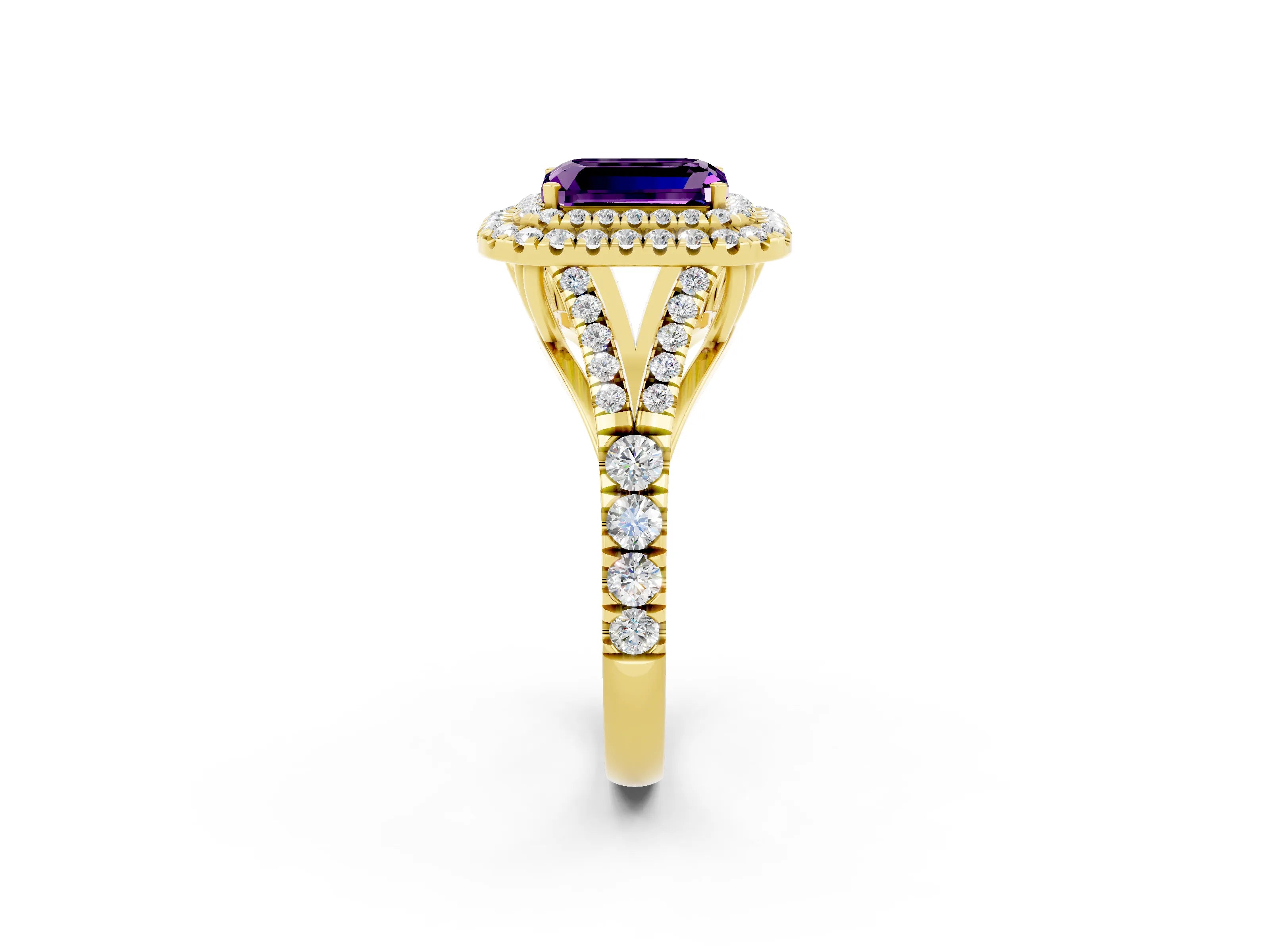 Yellow gold Emerald Cut Amethyst Double Halo Ring with Split Shank and Prong Setting_14