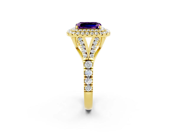Yellow gold Emerald Cut Amethyst Double Halo Ring with Split Shank and Prong Setting