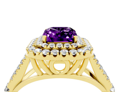 Yellow gold Emerald Cut Amethyst Double Halo Ring with Split Shank and Prong Setting_16