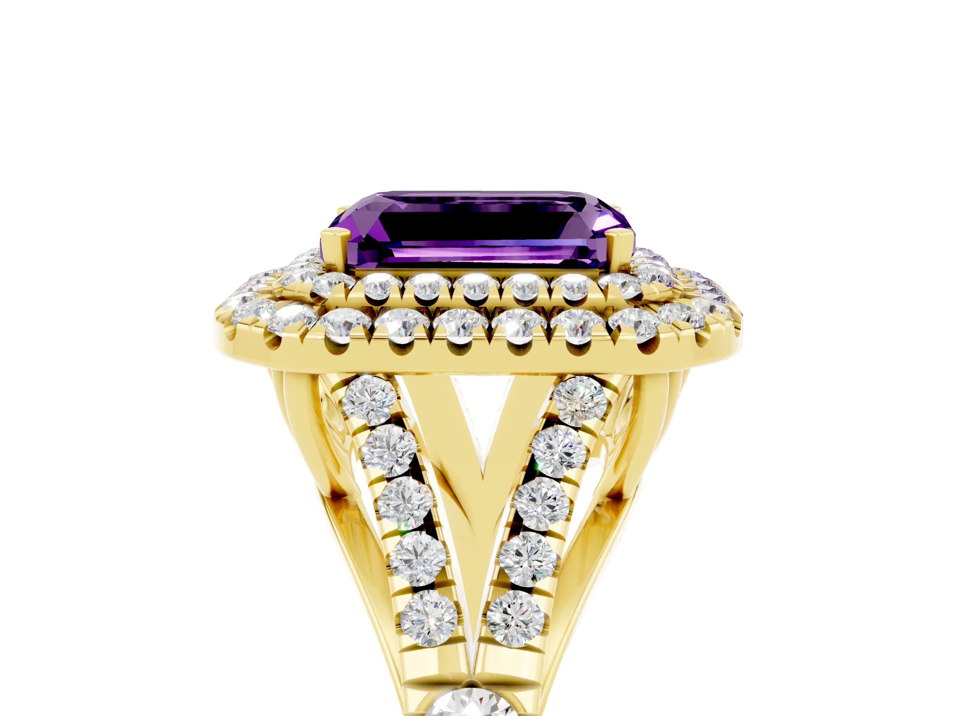 Yellow gold Emerald Cut Amethyst Double Halo Ring with Split Shank and Prong Setting_17