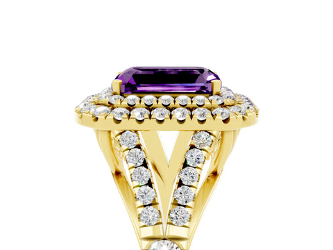 Yellow gold Emerald Cut Amethyst Double Halo Ring with Split Shank and Prong Setting_17