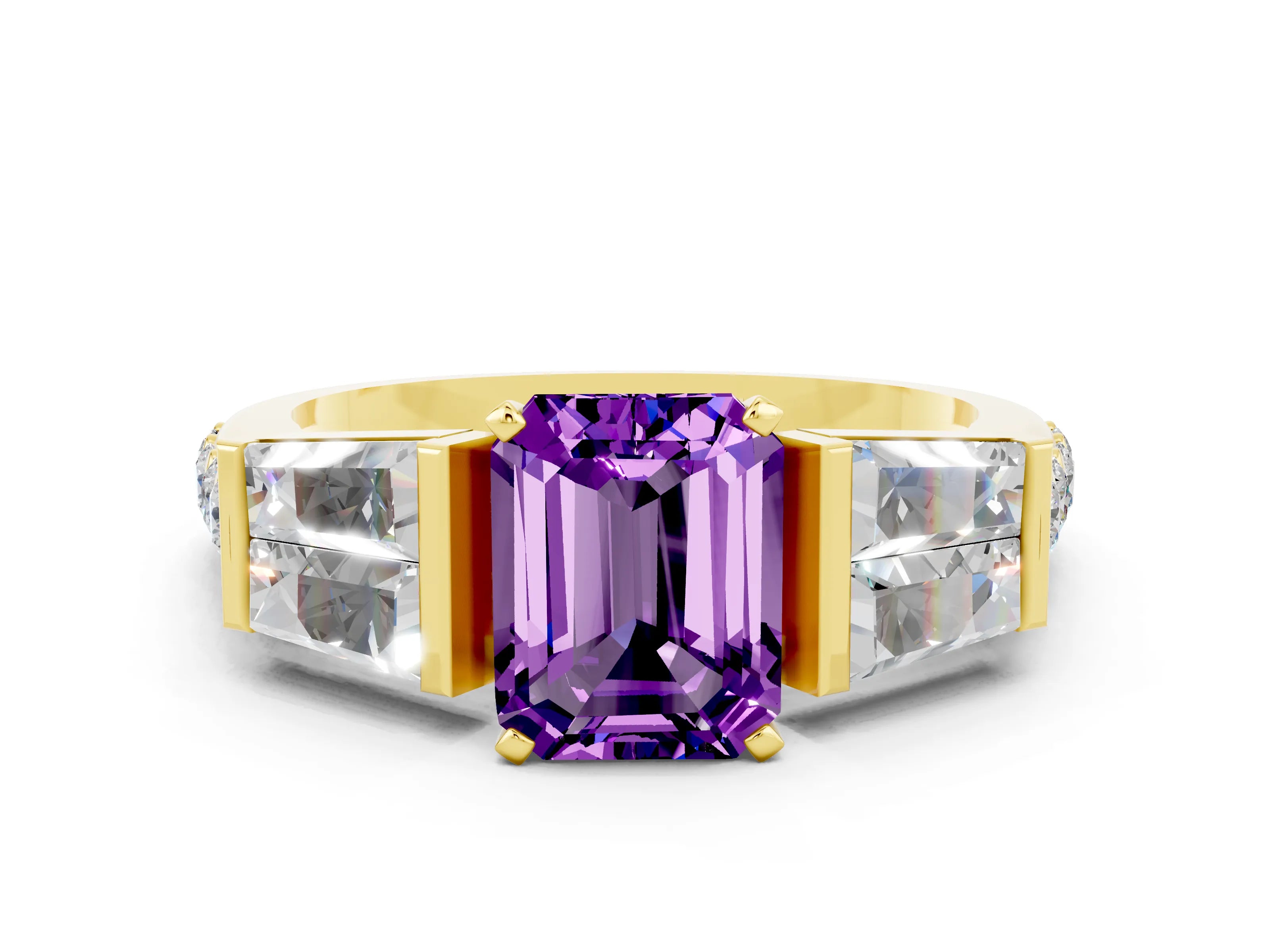Yellow gold Emerald Cut Amethyst Engagement Ring with Baguette Side Stones and Channel Set Band