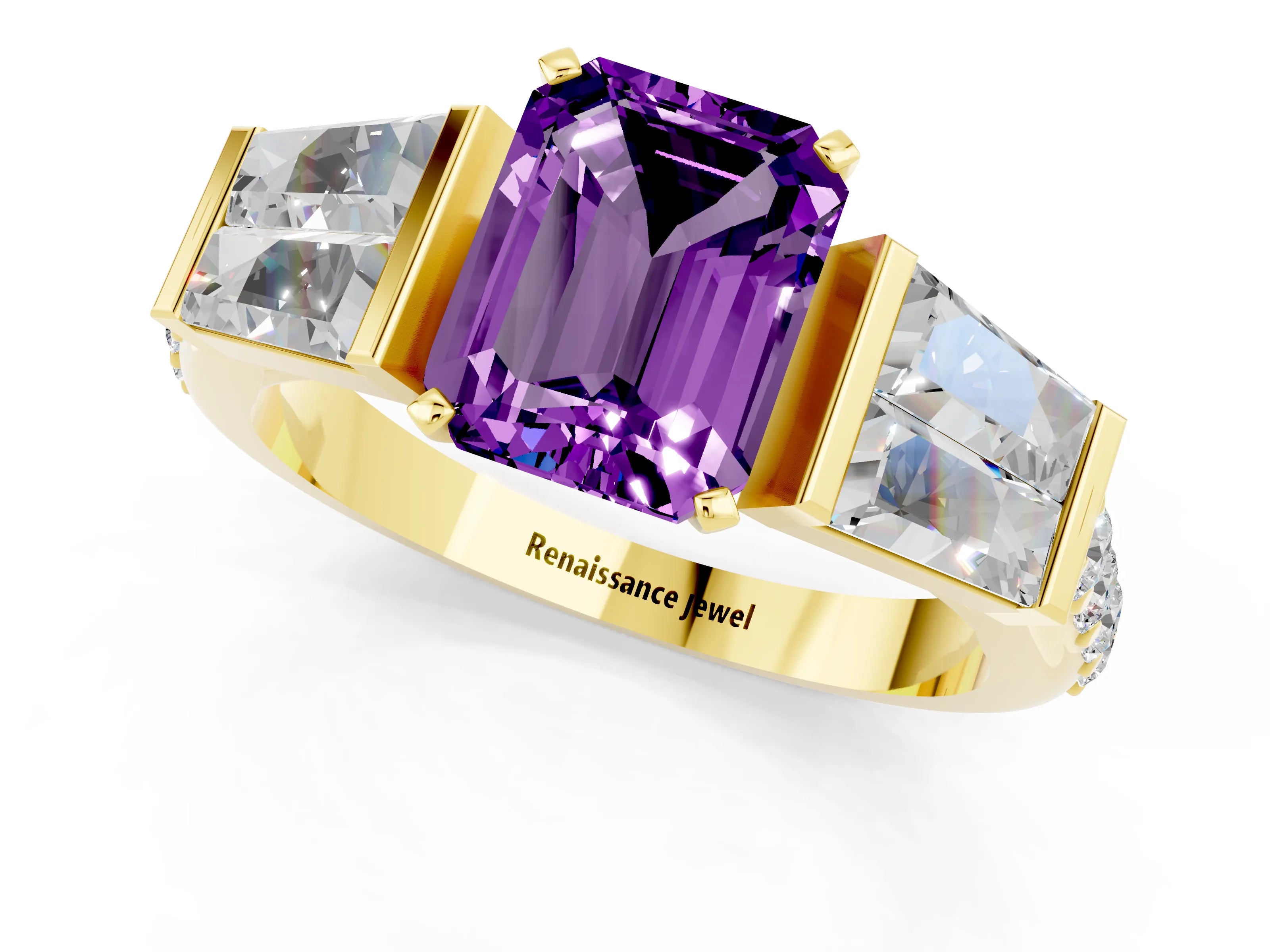 Yellow gold Emerald Cut Amethyst Engagement Ring with Baguette Side Stones and Channel Set Band_1