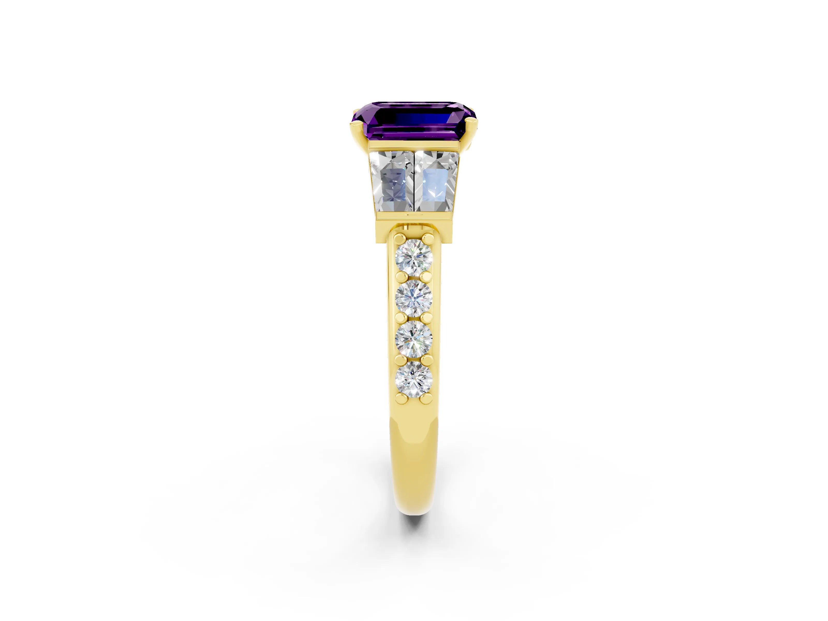 Yellow gold Emerald Cut Amethyst Engagement Ring with Baguette Side Stones and Channel Set Band_2