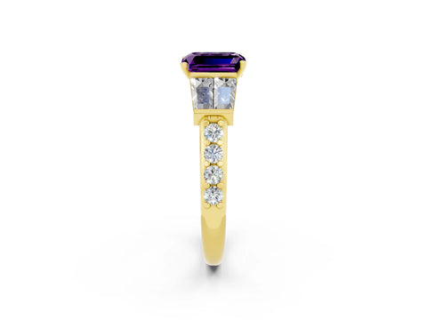 Yellow gold Emerald Cut Amethyst Engagement Ring with Baguette Side Stones and Channel Set Band_2