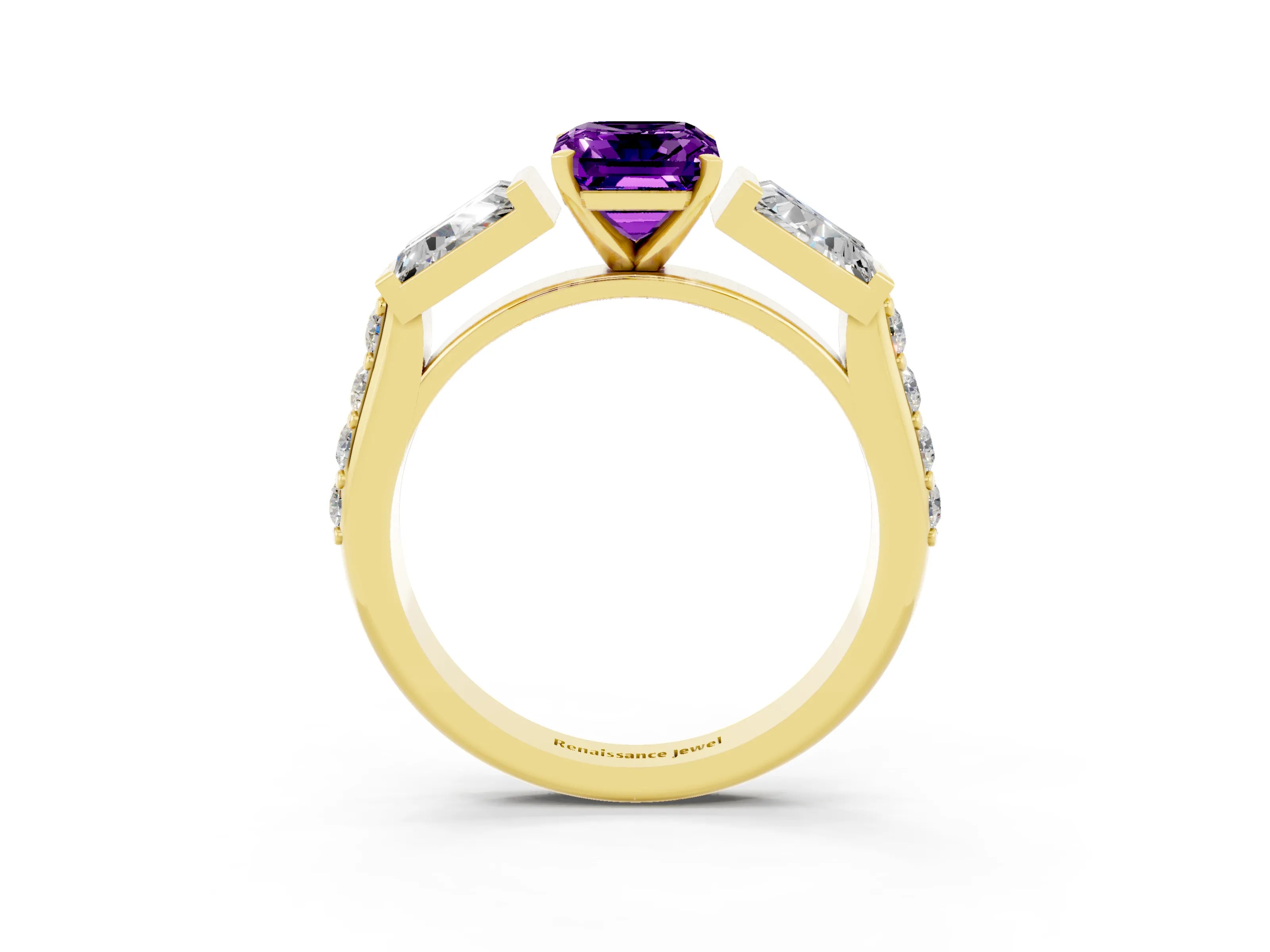 Yellow gold Emerald Cut Amethyst Engagement Ring with Baguette Side Stones and Channel Set Band_3