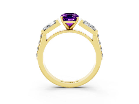 Yellow gold Emerald Cut Amethyst Engagement Ring with Baguette Side Stones and Channel Set Band_3