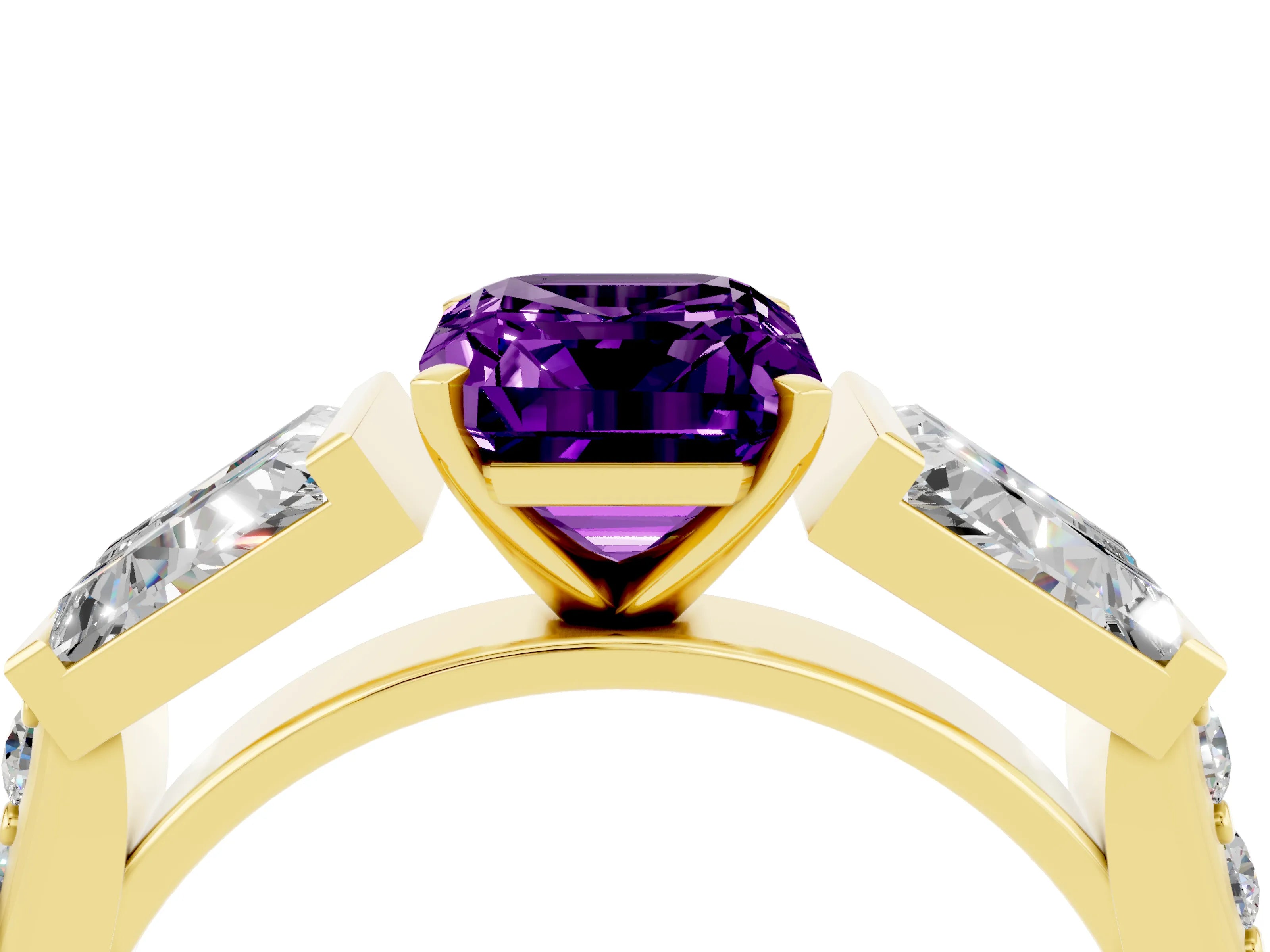 Yellow gold Emerald Cut Amethyst Engagement Ring with Baguette Side Stones and Channel Set Band_4