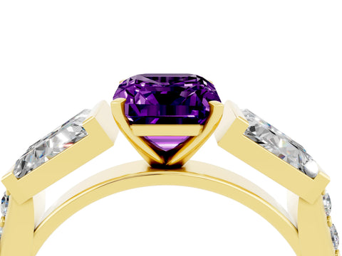 Yellow gold Emerald Cut Amethyst Engagement Ring with Baguette Side Stones and Channel Set Band_4