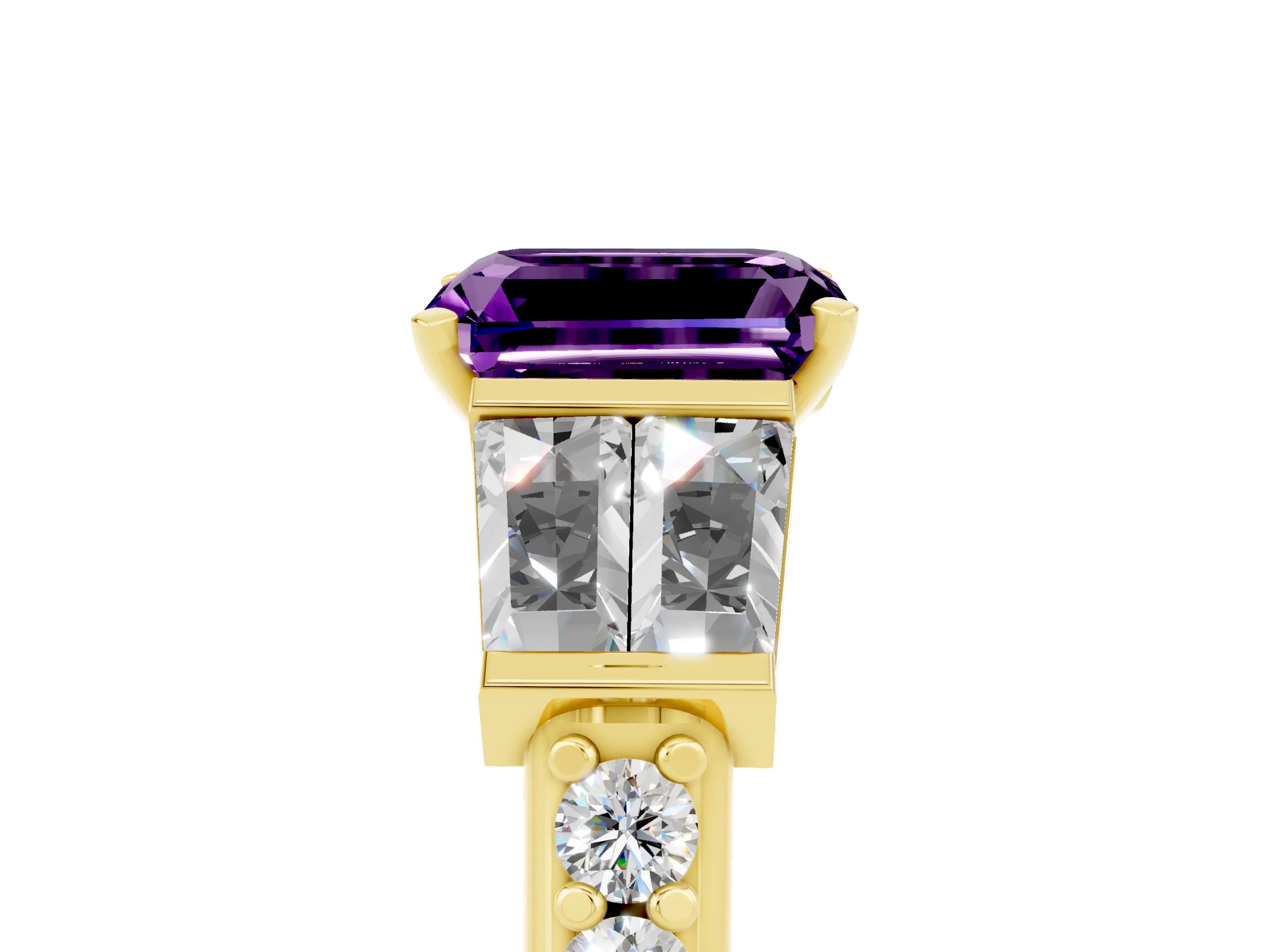 Yellow gold Emerald Cut Amethyst Engagement Ring with Baguette Side Stones and Channel Set Band_5
