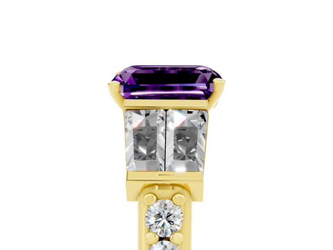 Yellow gold Emerald Cut Amethyst Engagement Ring with Baguette Side Stones and Channel Set Band_5