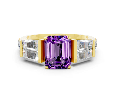 Yellow gold Emerald Cut Amethyst Engagement Ring with Baguette Side Stones and Channel Set Band