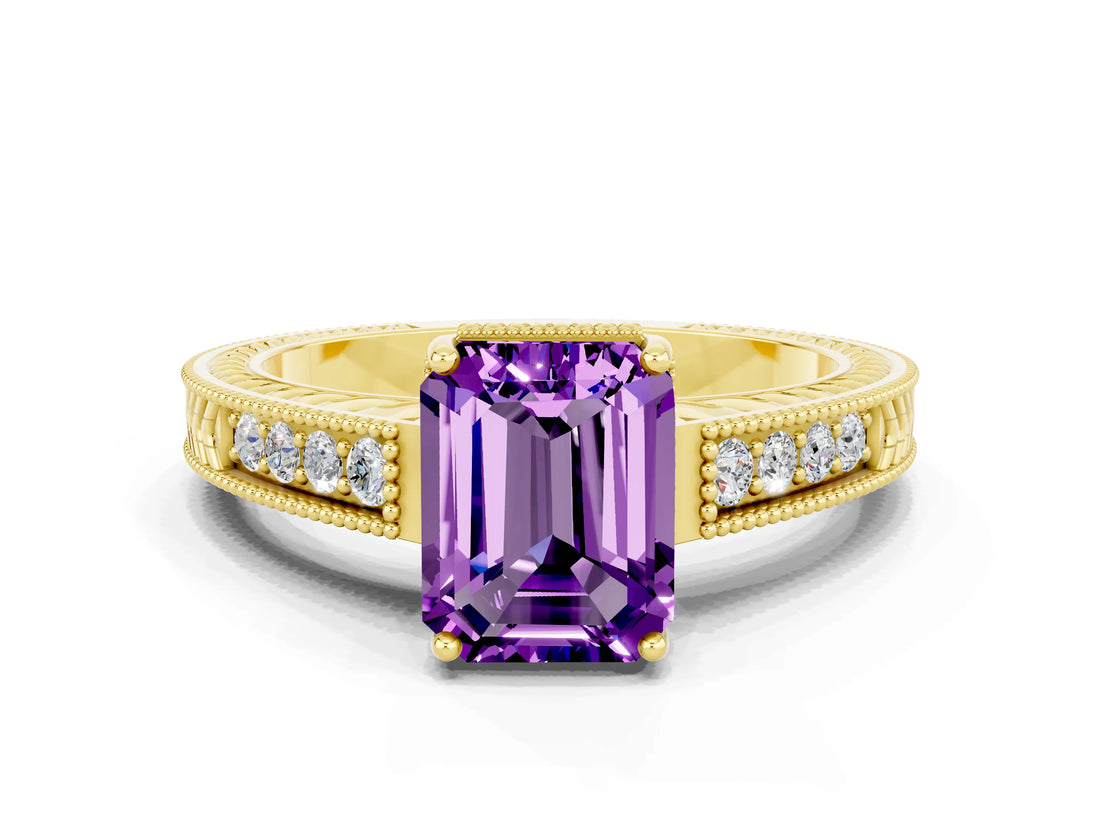 Yellow gold Emerald Cut Amethyst Engagement Ring with Milgrain Channel Set Band and Prong Setting