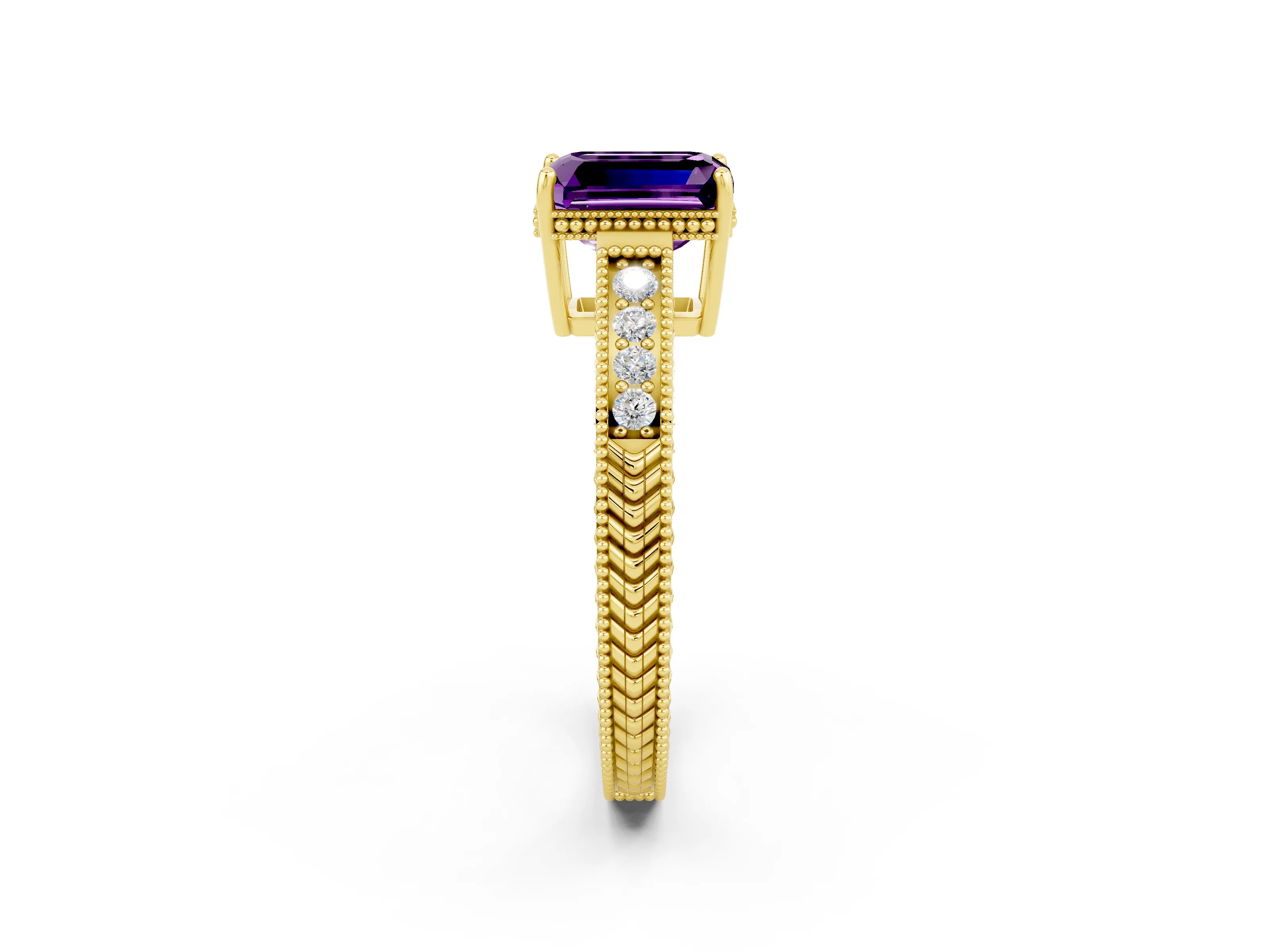 Yellow gold Emerald Cut Amethyst Engagement Ring with Milgrain Channel Set Band and Prong Setting_2