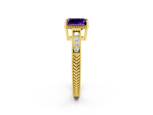 Yellow gold Emerald Cut Amethyst Engagement Ring with Milgrain Channel Set Band and Prong Setting