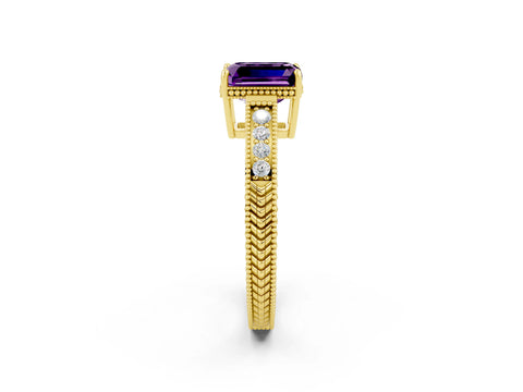 Yellow gold Emerald Cut Amethyst Engagement Ring with Milgrain Channel Set Band and Prong Setting_2