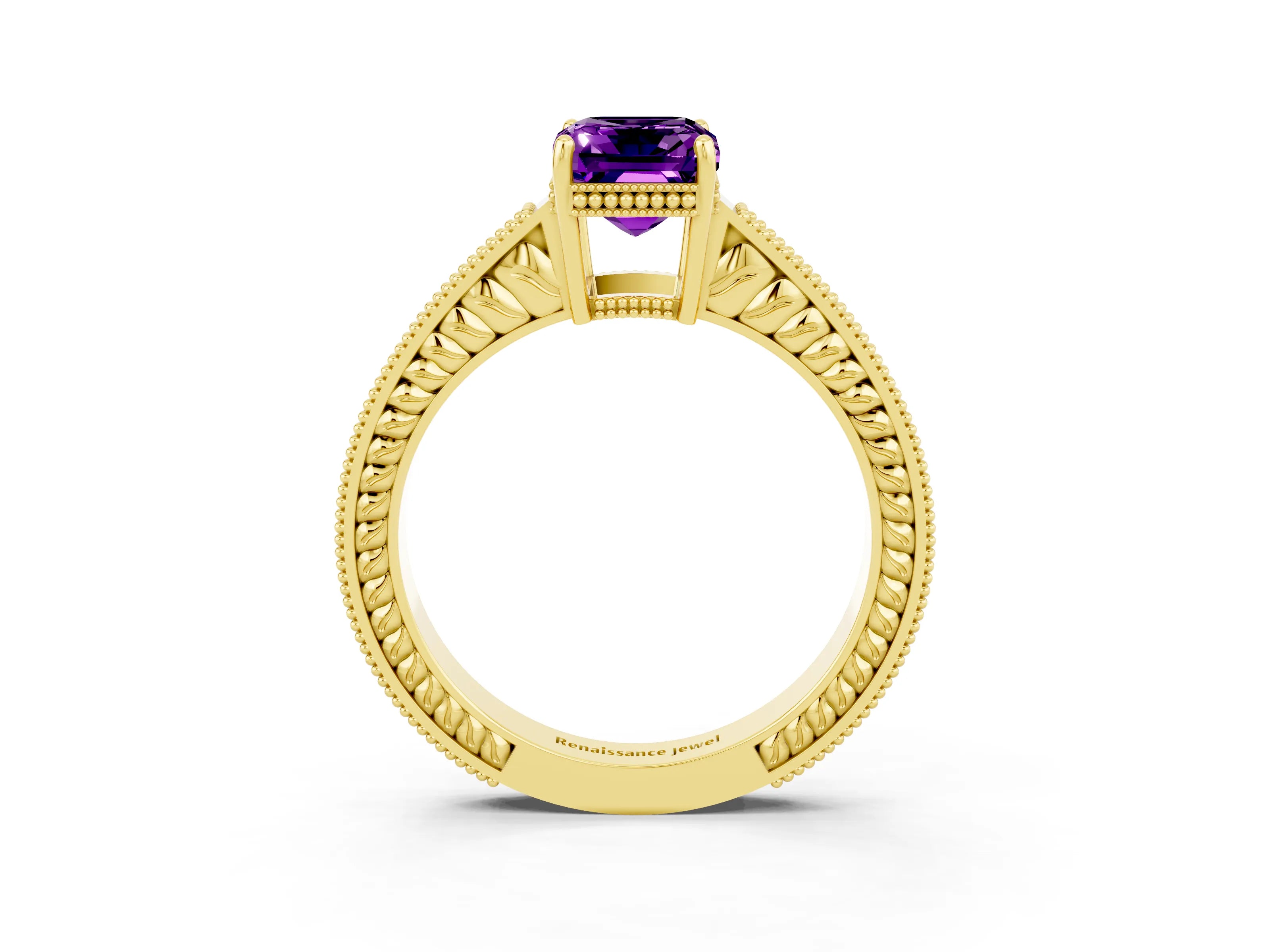 Yellow gold Emerald Cut Amethyst Engagement Ring with Milgrain Channel Set Band and Prong Setting_3