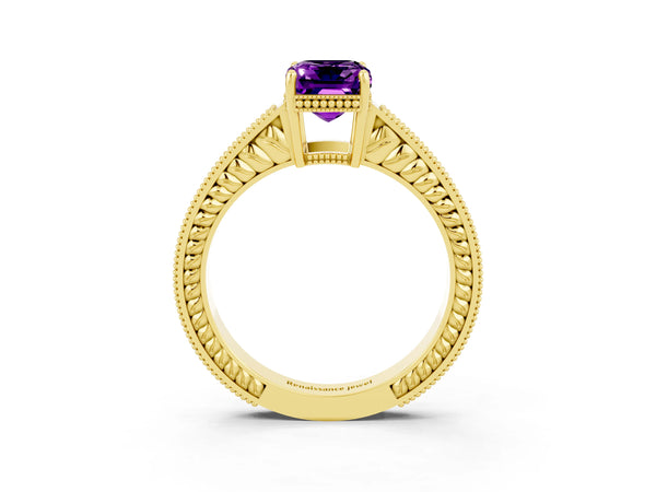 Yellow gold Emerald Cut Amethyst Engagement Ring with Milgrain Channel Set Band and Prong Setting