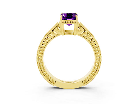 Yellow gold Emerald Cut Amethyst Engagement Ring with Milgrain Channel Set Band and Prong Setting_3