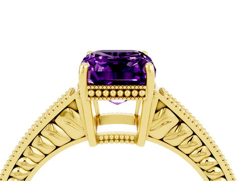 Yellow gold Emerald Cut Amethyst Engagement Ring with Milgrain Channel Set Band and Prong Setting_4