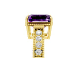 Yellow gold Emerald Cut Amethyst Engagement Ring with Milgrain Channel Set Band and Prong Setting_5
