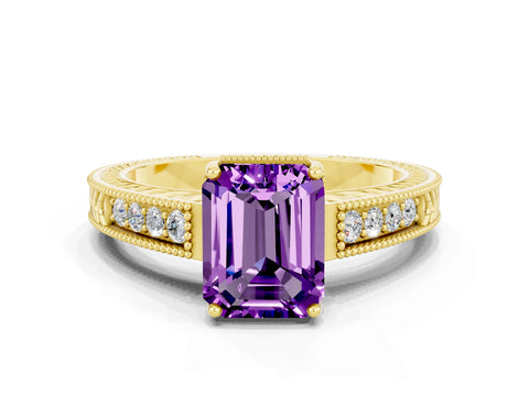 Yellow gold Emerald Cut Amethyst Engagement Ring with Milgrain Channel Set Band and Prong Setting