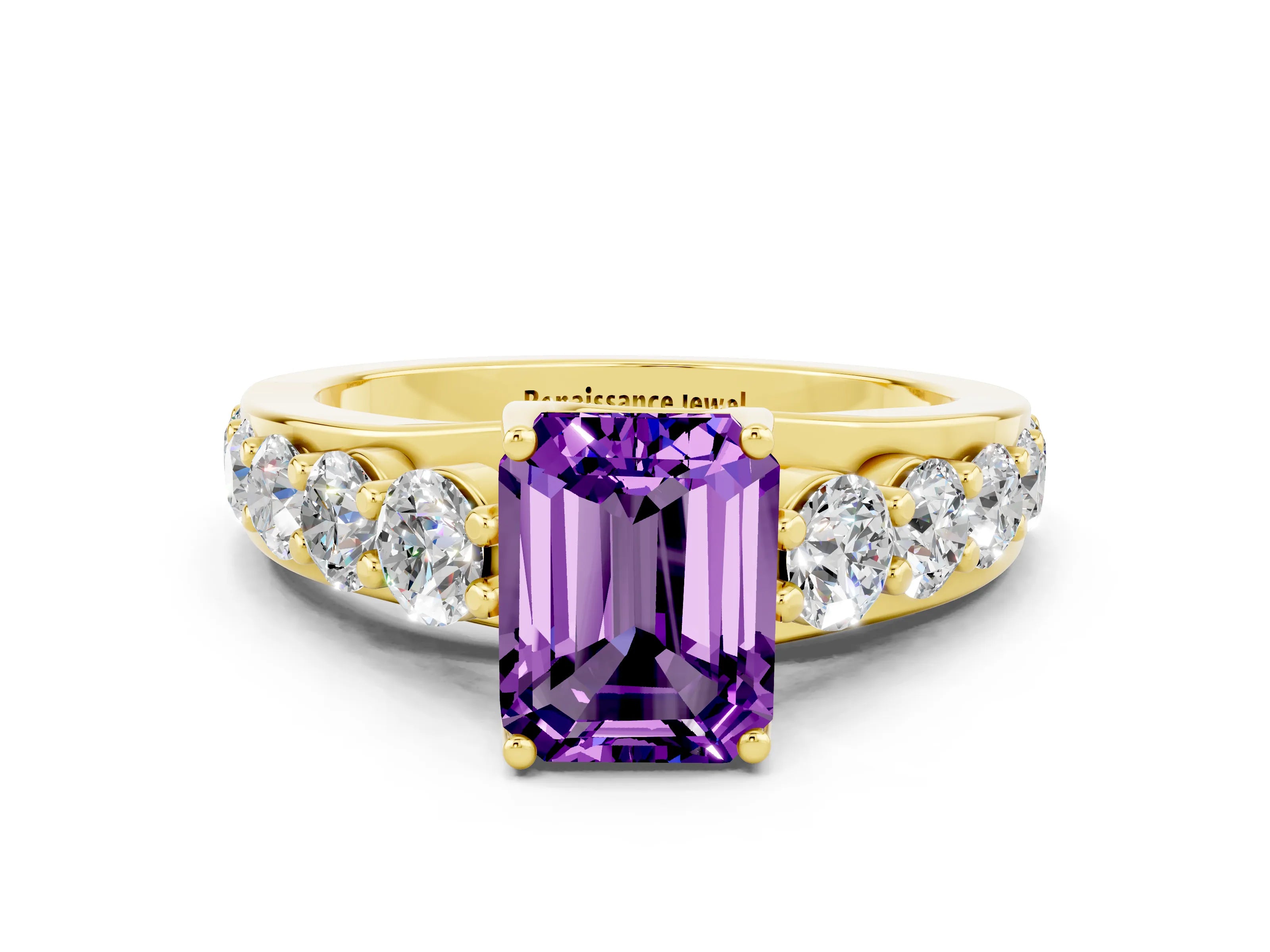 Yellow gold Emerald Cut Amethyst Engagement Ring with Pavé Band and Four-Prong Setting