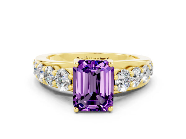 Yellow gold Emerald Cut Amethyst Engagement Ring with Pavé Band and Four-Prong Setting
