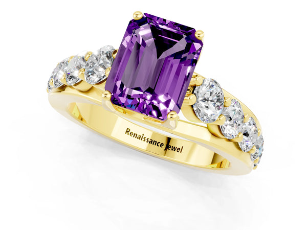 Yellow gold Emerald Cut Amethyst Engagement Ring with Pavé Band and Four-Prong Setting