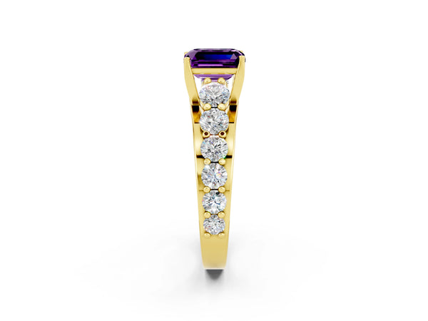 Yellow gold Emerald Cut Amethyst Engagement Ring with Pavé Band and Four-Prong Setting