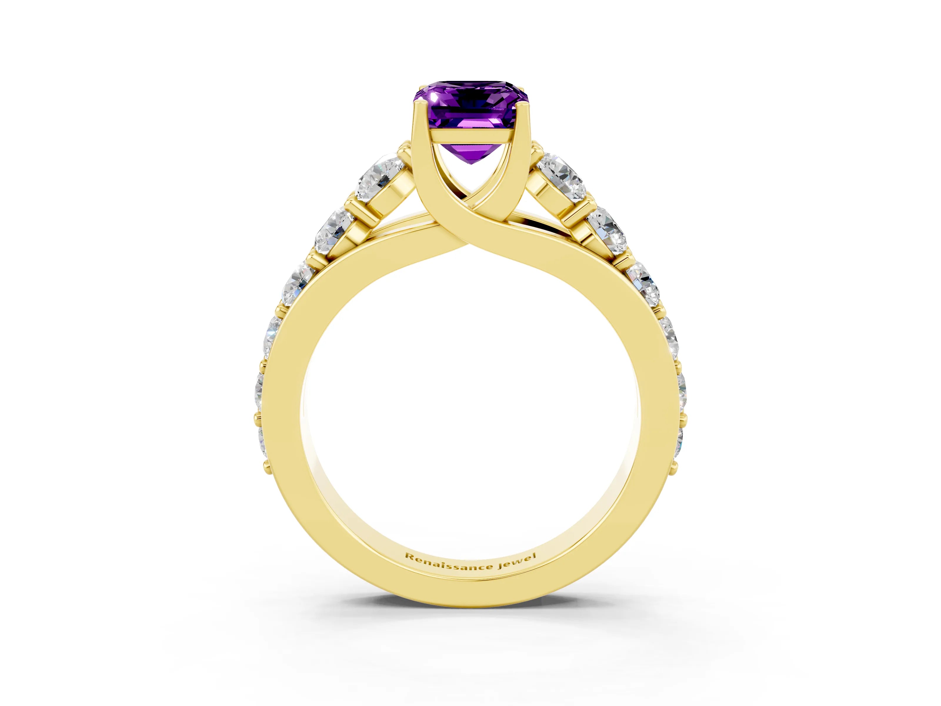 Yellow gold Emerald Cut Amethyst Engagement Ring with Pavé Band and Four-Prong Setting_3
