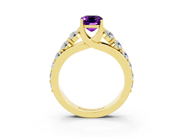 Yellow gold Emerald Cut Amethyst Engagement Ring with Pavé Band and Four-Prong Setting