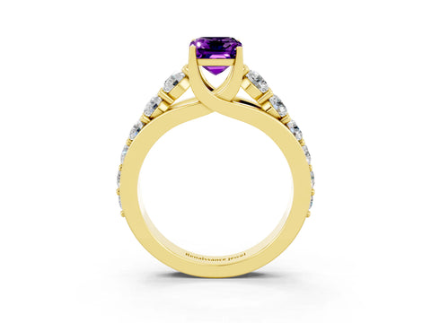 Yellow gold Emerald Cut Amethyst Engagement Ring with Pavé Band and Four-Prong Setting_3