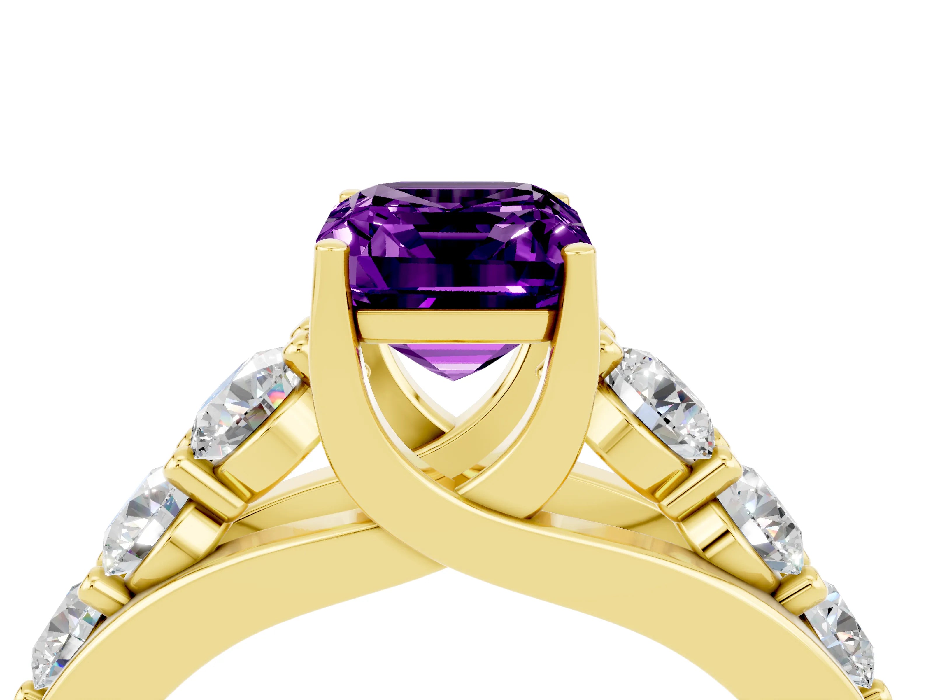 Yellow gold Emerald Cut Amethyst Engagement Ring with Pavé Band and Four-Prong Setting_4