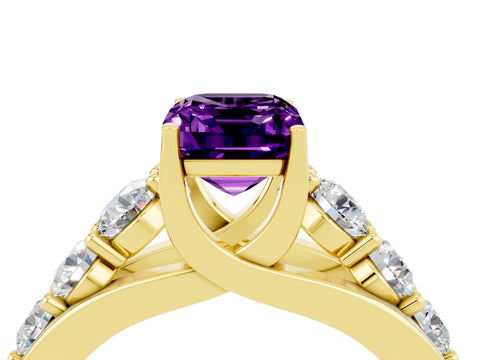 Yellow gold Emerald Cut Amethyst Engagement Ring with Pavé Band and Four-Prong Setting_4