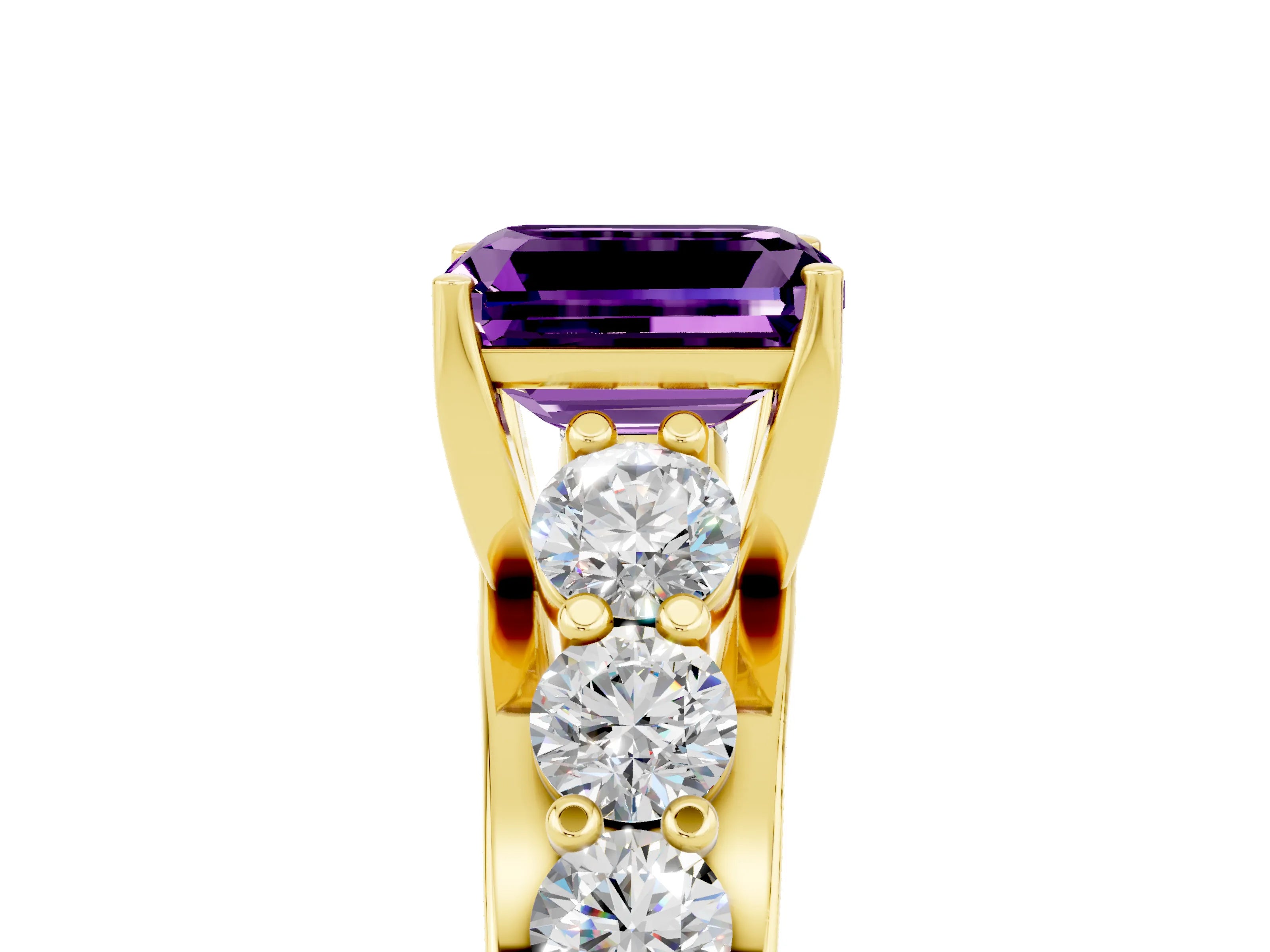 Yellow gold Emerald Cut Amethyst Engagement Ring with Pavé Band and Four-Prong Setting_5