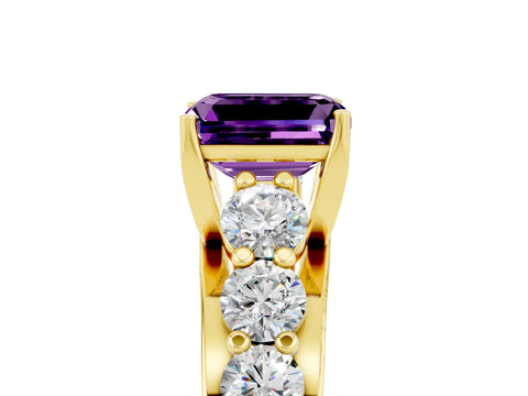 Yellow gold Emerald Cut Amethyst Engagement Ring with Pavé Band and Four-Prong Setting_5