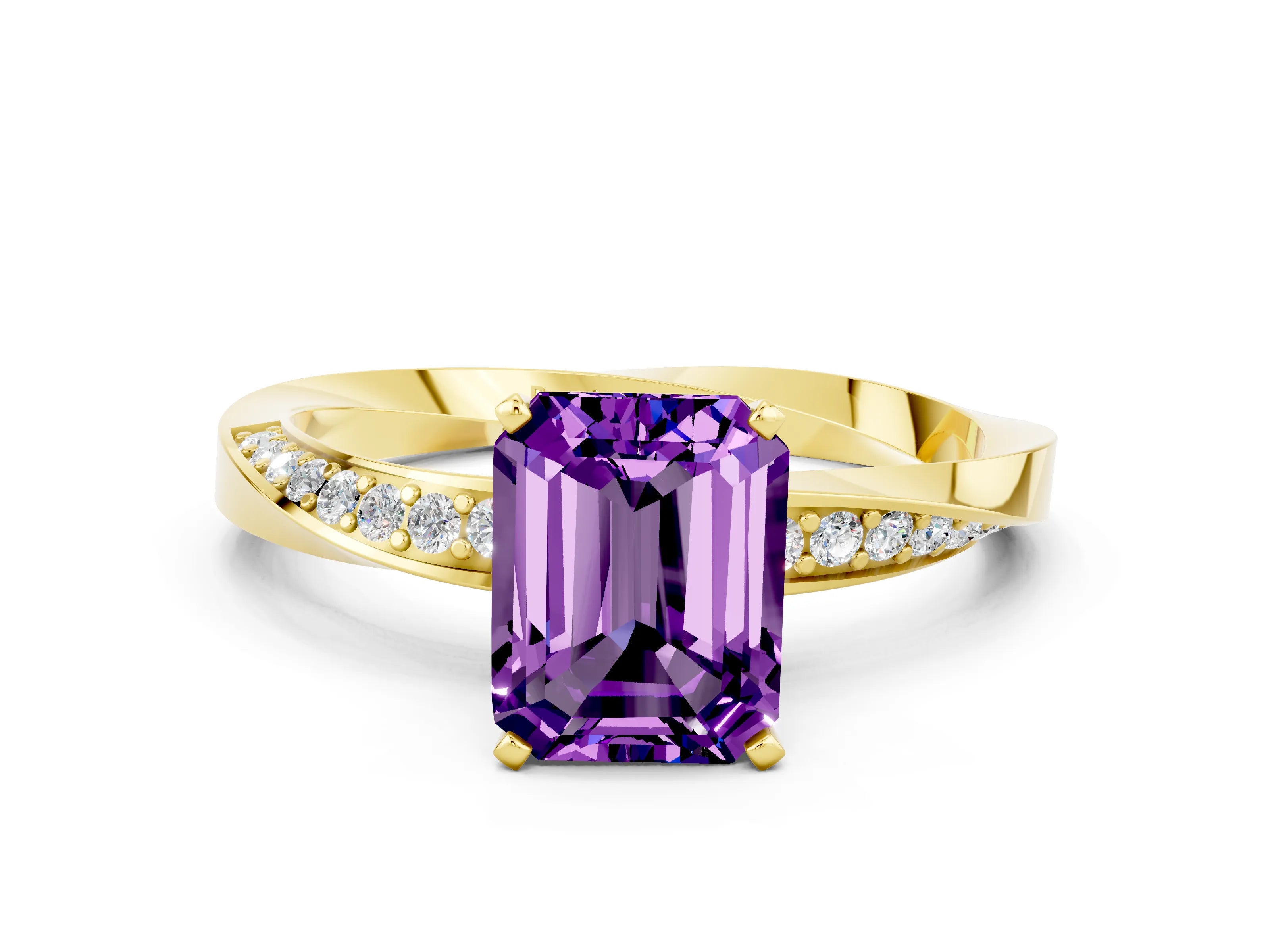 Yellow gold Emerald Cut Amethyst Engagement Ring with Side Stone Accents and Four-Prong Setting_27