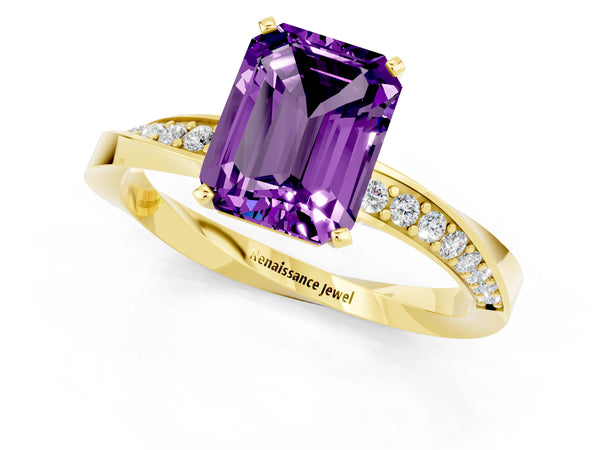 Yellow gold Emerald Cut Amethyst Engagement Ring with Side Stone Accents and Four-Prong Setting