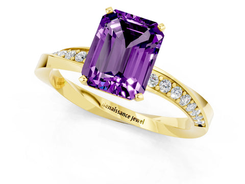 Yellow gold Emerald Cut Amethyst Engagement Ring with Side Stone Accents and Four-Prong Setting_28